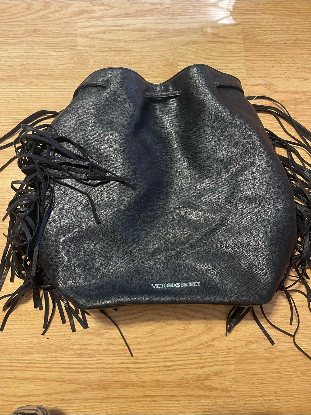 Victoria's Secret Black Fringe Drawstring Bucket Bag